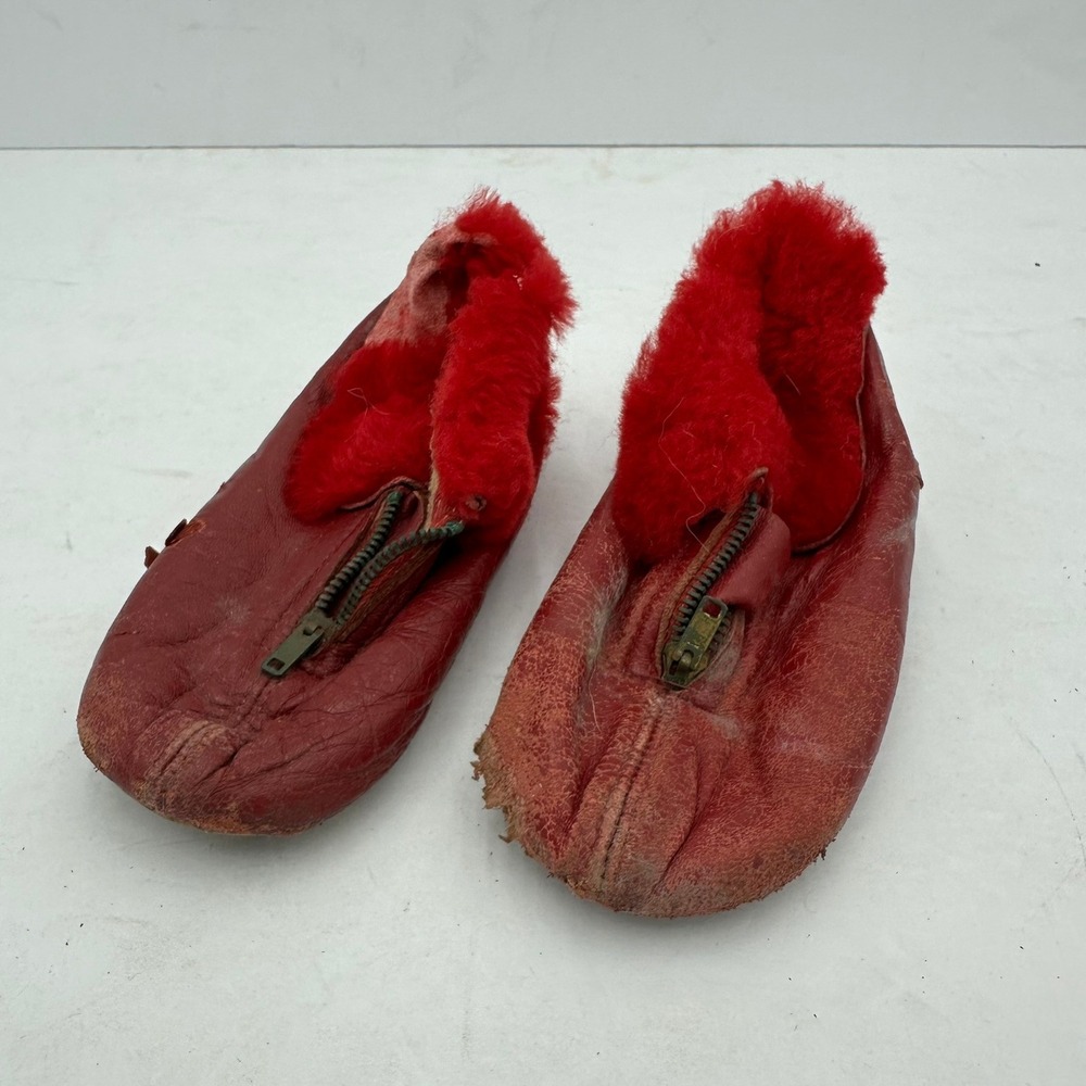 Vintage Kids Red Leather‎ Shearling Lined Zip Up Bootie Slippers Fur Trim Fair
